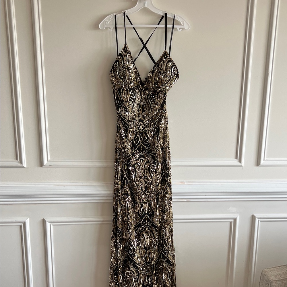 Glamorous Black and Gold Sequin Gown - Wedding or Prom Dress